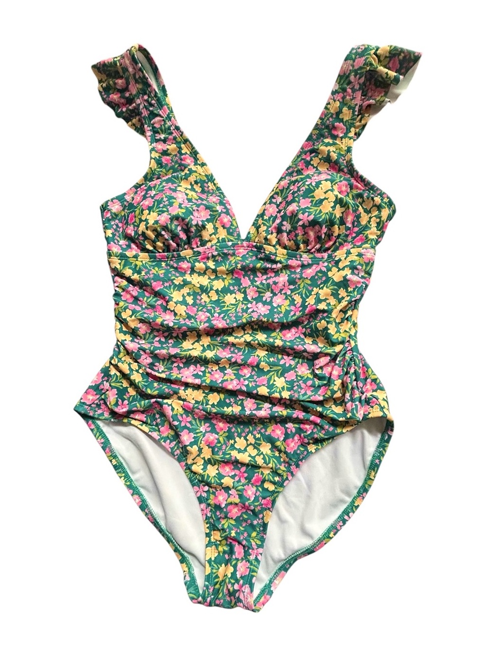 NWT Kona Sol Dark Green Floral Print High Coverage One Pc Swimsuit Sz M 8/10